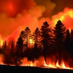Forest Fire. Heatwave Causes Forest Burning Rapidly And Destroyed, Silhouette, Natural Calamity. Forest Fire, Bushfire With Flames And Smoke Clouds. Generative Ai
