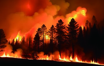 Forest Fire. Heatwave Causes Forest Burning Rapidly And Destroyed, Silhouette, Natural Calamity. Forest Fire, Bushfire With Flames And Smoke Clouds. Generative Ai