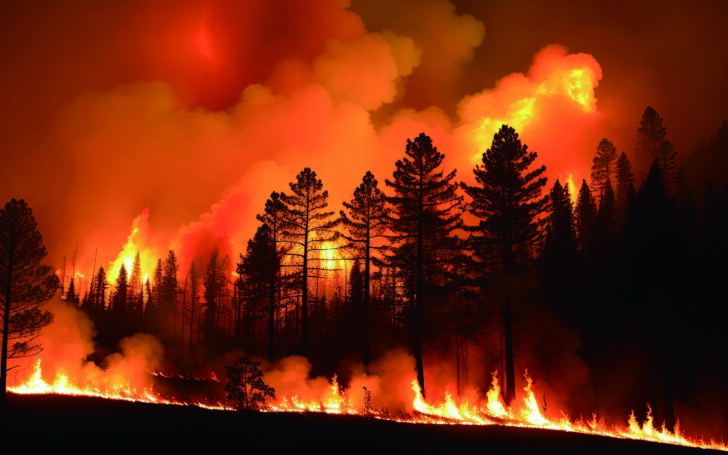 Forest Fire. Heatwave Causes Forest Burning Rapidly And Destroyed, Silhouette, Natural Calamity. Forest Fire, Bushfire With Flames And Smoke Clouds. Generative Ai