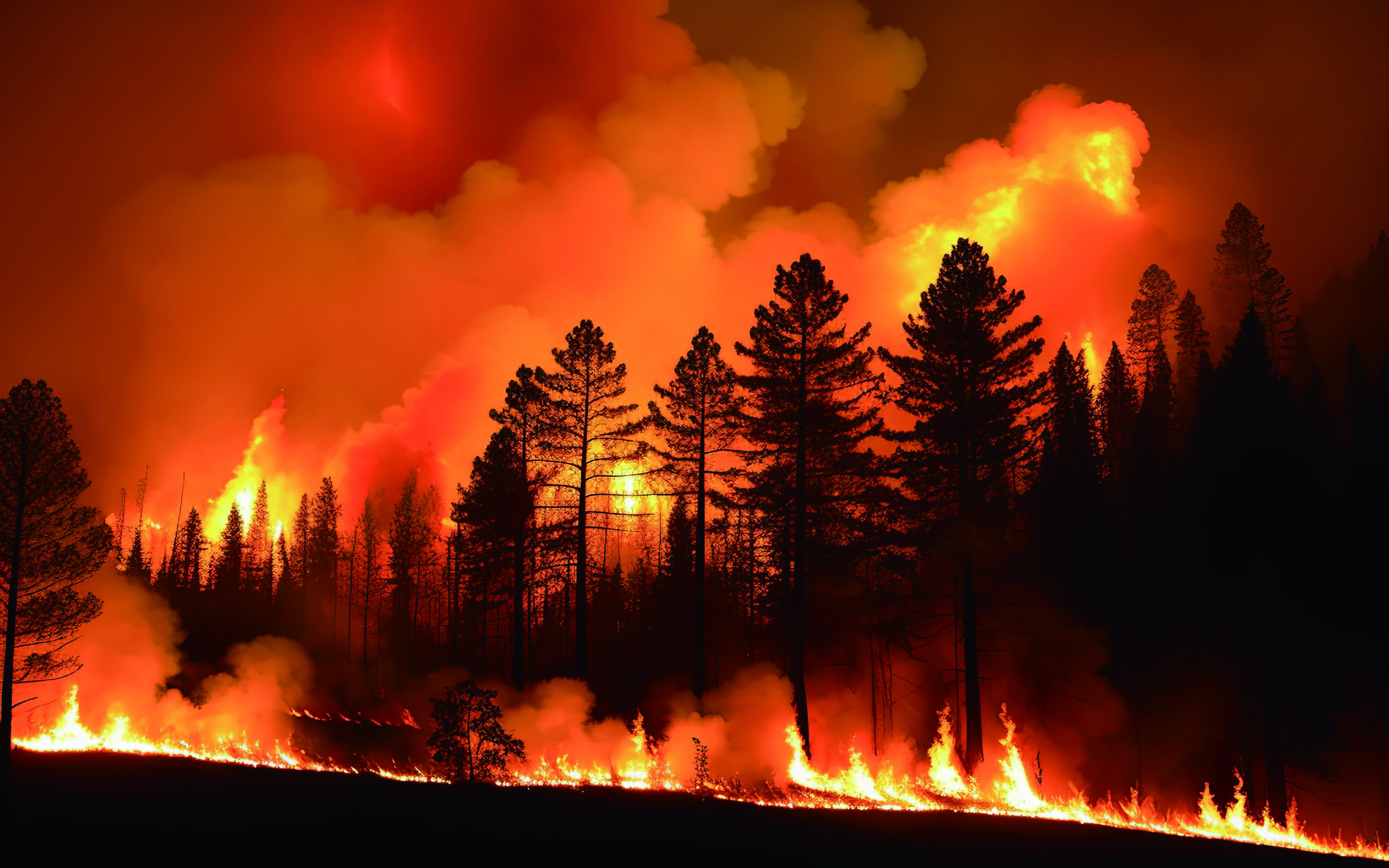 Forest Fire. Heatwave Causes Forest Burning Rapidly And Destroyed, Silhouette, Natural Calamity. Forest Fire, Bushfire With Flames And Smoke Clouds. Generative Ai